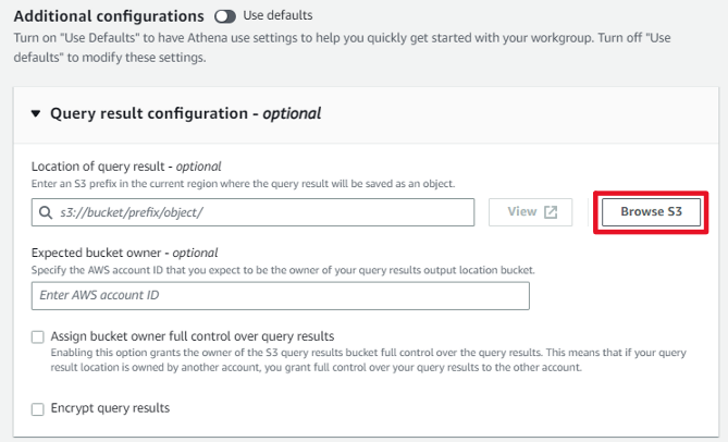 ワークグループのクエリ結果保存先指定（S3）