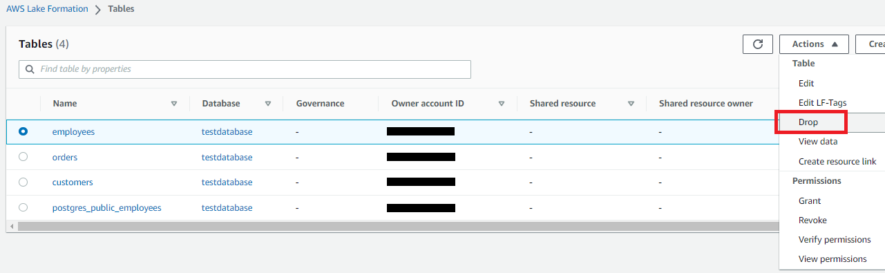 [Lake Formation] データカタログのemployeesテーブルを削除1