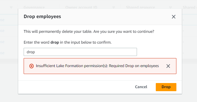 [Lake Formation] データカタログのemployeesテーブルを削除2