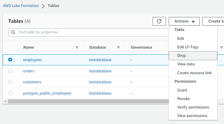 [Lake Formation] データカタログのemployeesテーブルを削除5