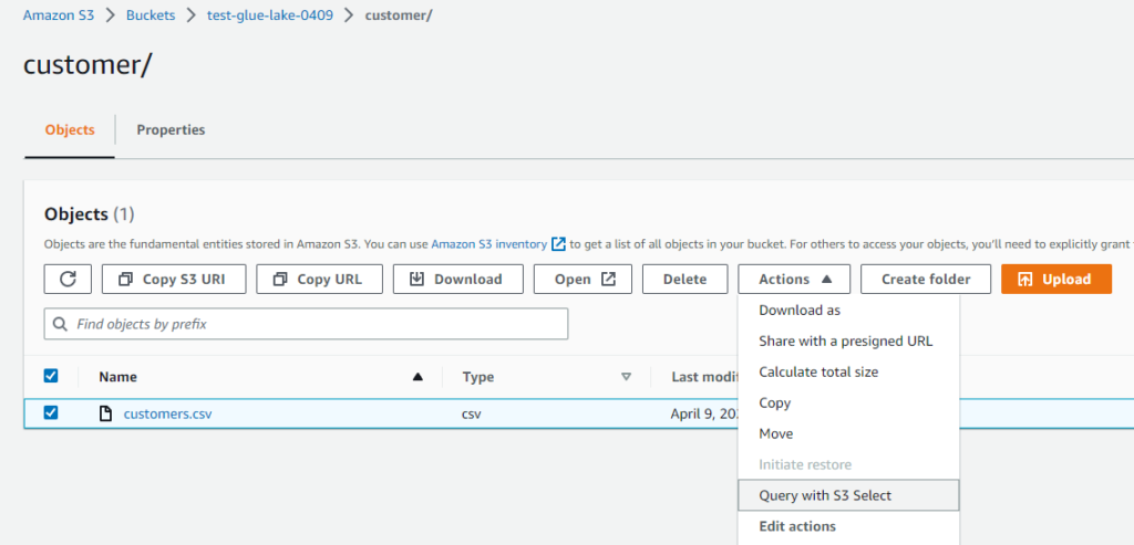 「Query with S3 Select」を選択