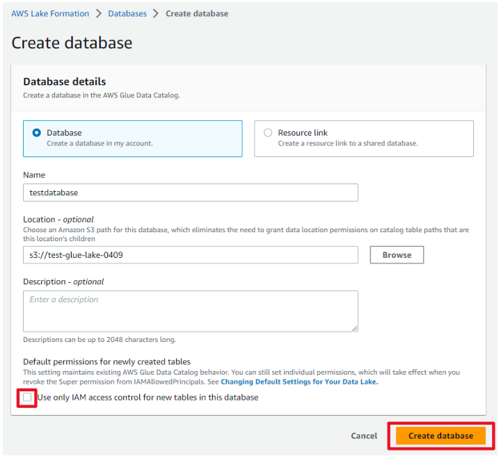 情報を入力して「Create database」を押下